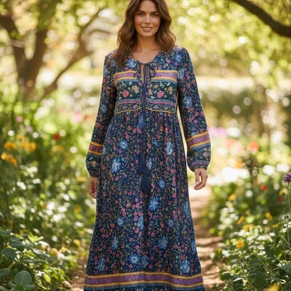 R Vivimos Dresses & Skirts - Floral Long Sleeve Maxi Dress in Blue and Pink